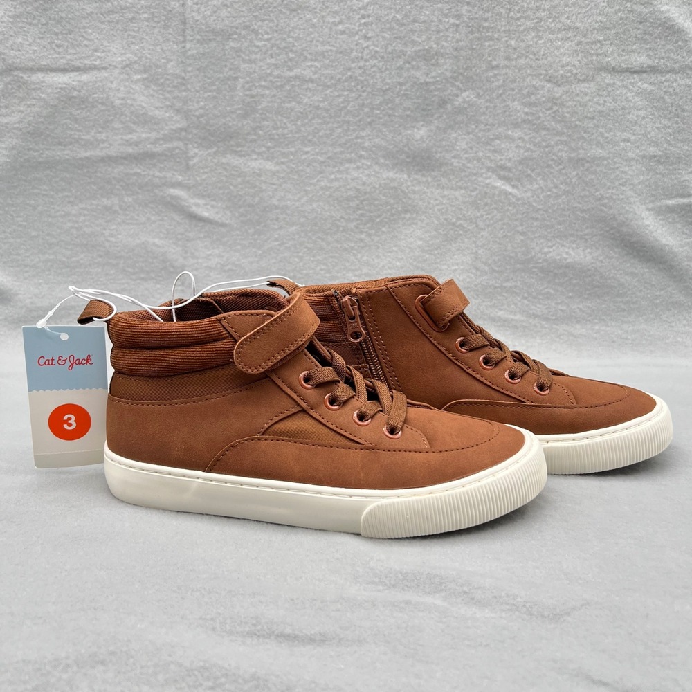 Cat & Jack Kids Cognac Brown High Top Sneakers Side Zip Size 3 NWT